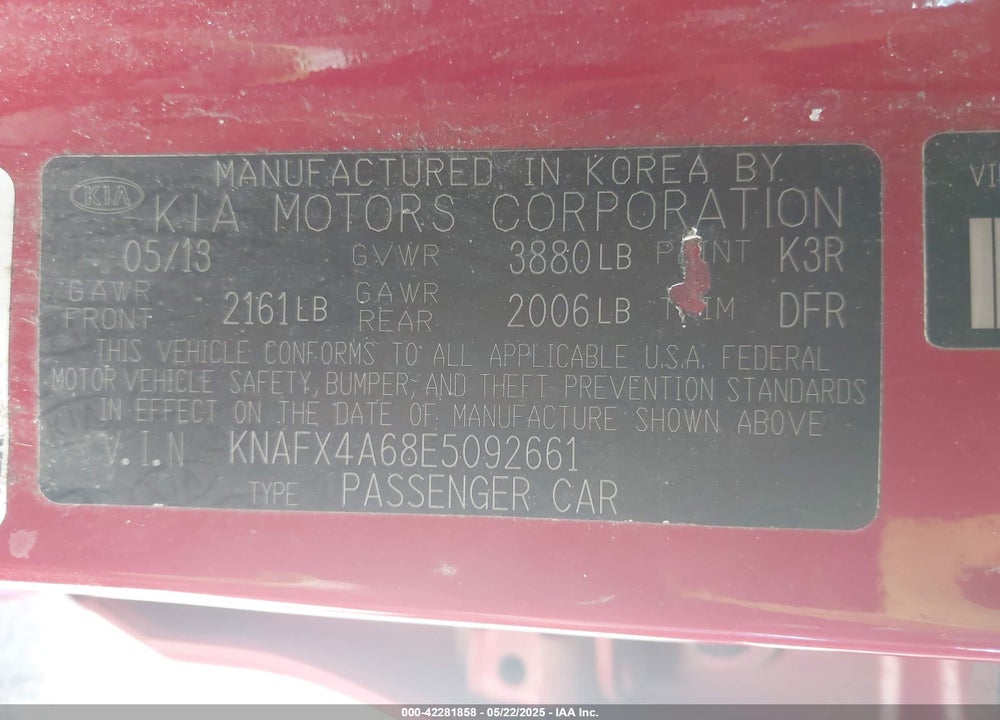 2014 KIA FORTE VIN: KNAFX4A68E5092661
