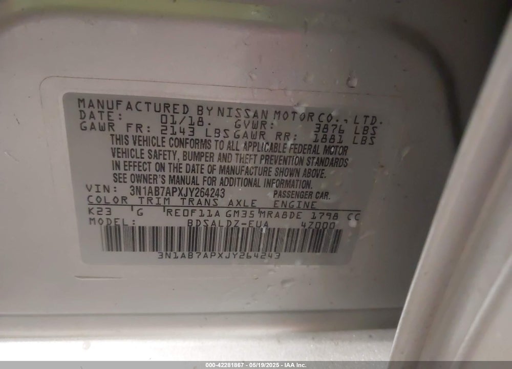 2018 NISSAN SENTRA SV VIN: 3N1AB7APXJY264243