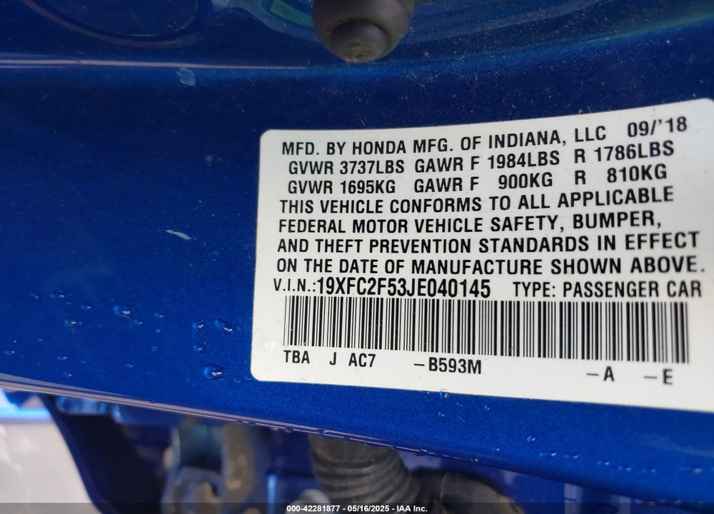 2018 HONDA CIVIC VIN: 19XFC2F53JE040145