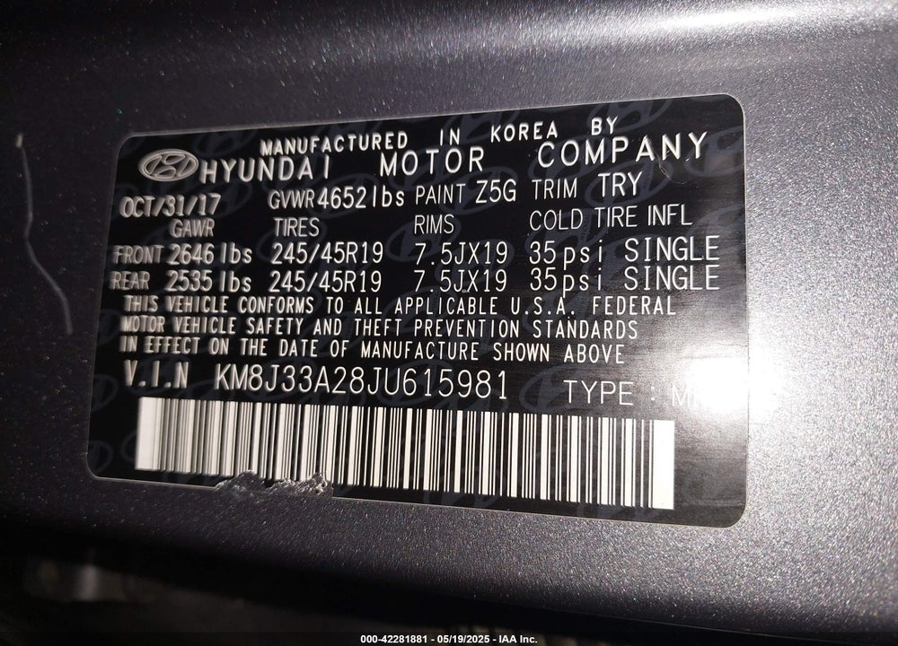 2018 HYUNDAI TUCSON LIMITED VIN: KM8J33A28JU615981