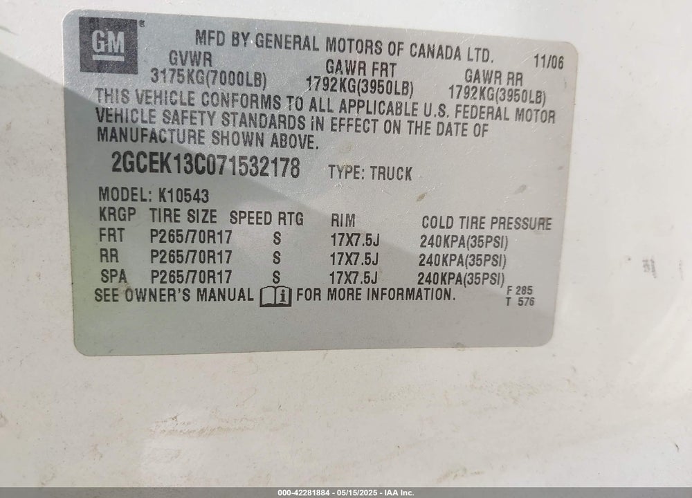 2007 CHEVROLET SILVERADO 1500 LT1 VIN: 2GCEK13C071532178