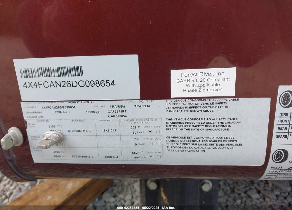 2013 CARDINAL FIFTH WHEEL SERIES VIN: 4X4FCAN26DG098654
