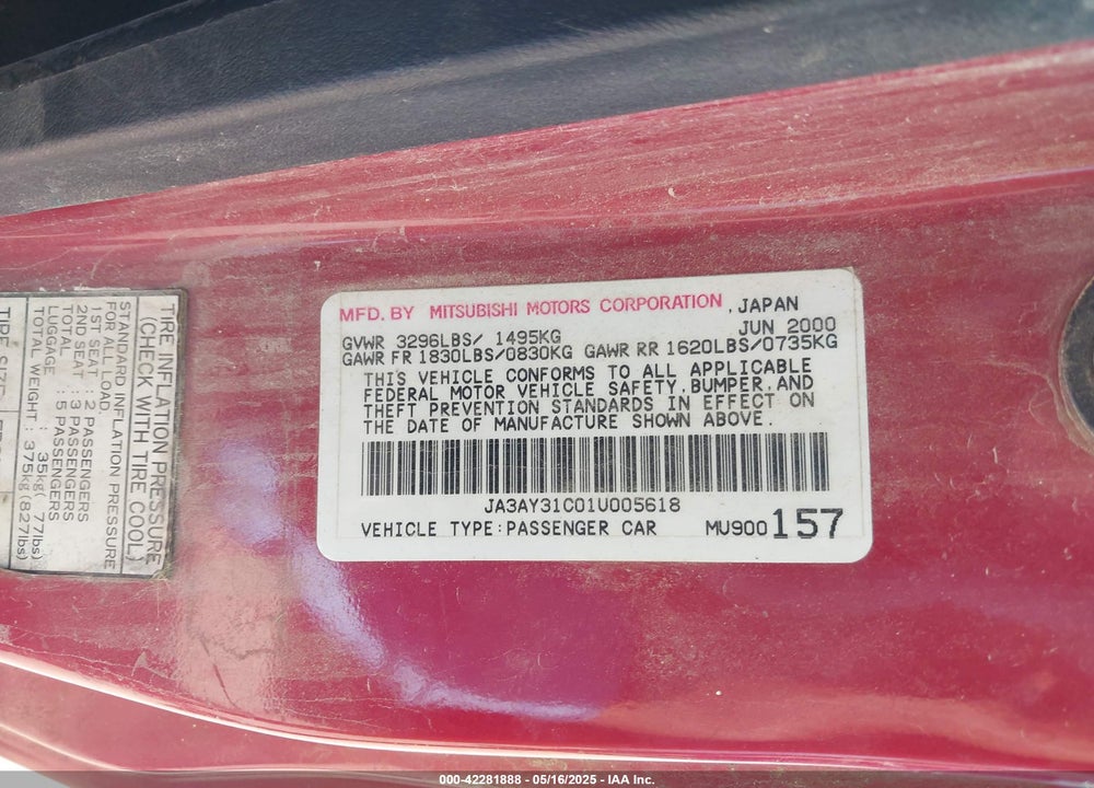 2001 MITSUBISHI MIRAGE LS VIN: JA3AY31C01U005618