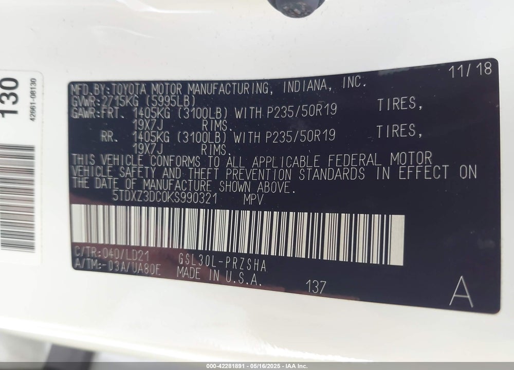 2019 TOYOTA SIENNA SE PREMIUM 8 PASSENGER VIN: 5TDXZ3DC0KS990321