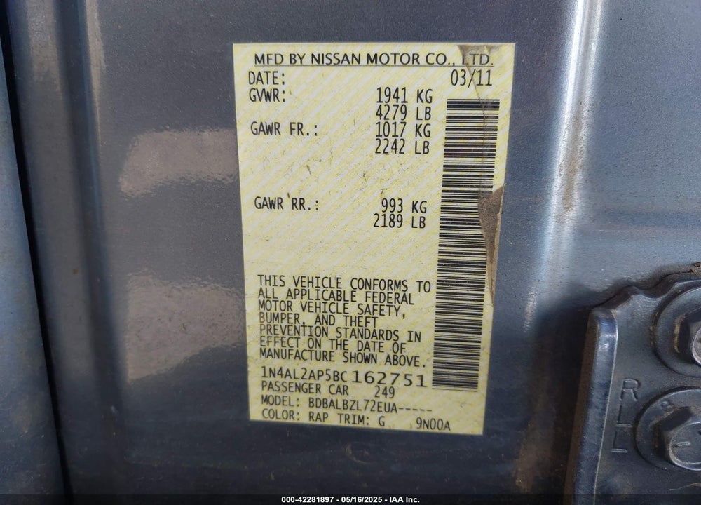 2011 NISSAN ALTIMA 2.5 S VIN: 1N4AL2AP5BC162751