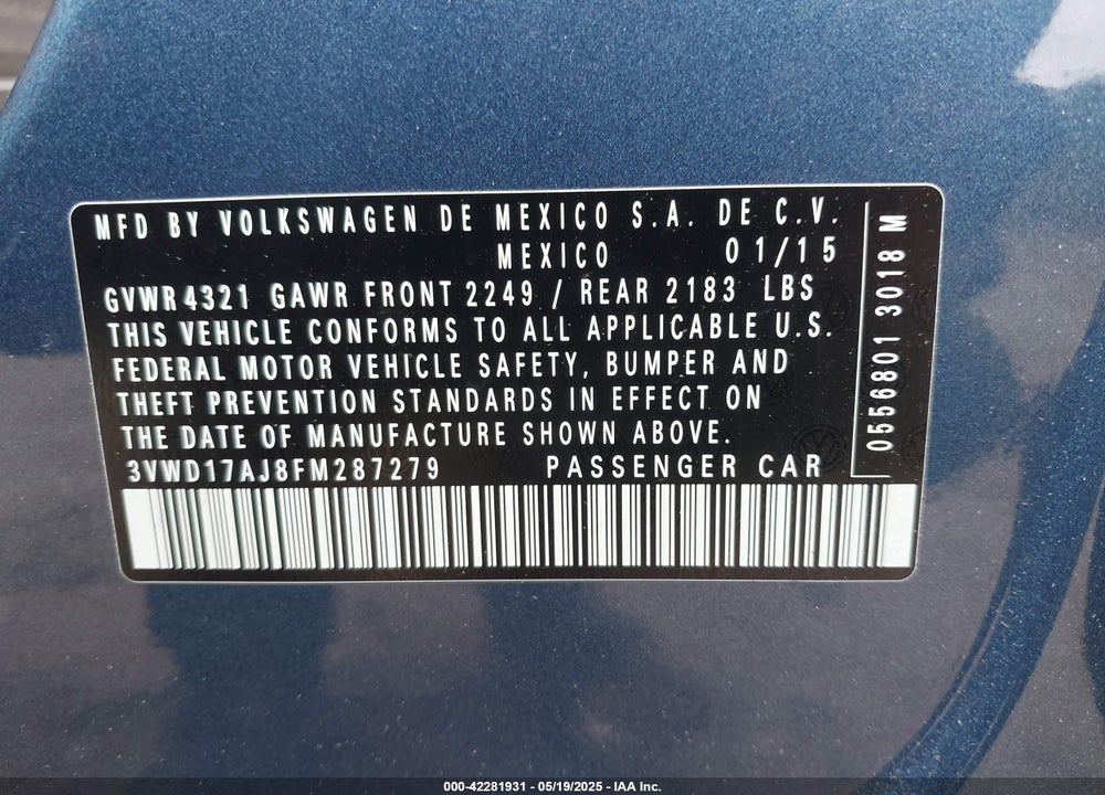 2015 VOLKSWAGEN JETTA 1.8T SE VIN: 3VWD17AJ8FM287279