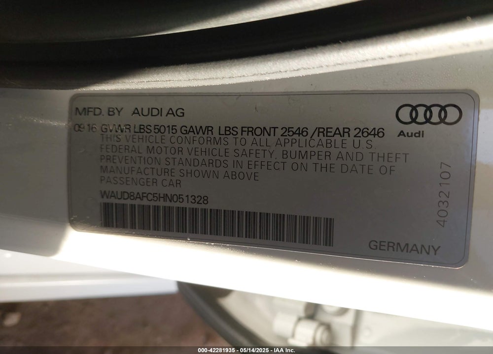 2017 AUDI A6 2.0T PREMIUM VIN: WAUD8AFC5HN051328