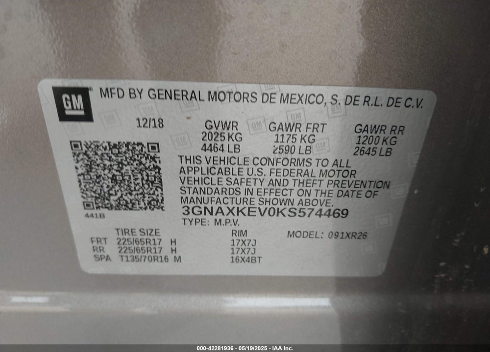 2019 CHEVROLET EQUINOX LT VIN: 3GNAXKEV0KS574469