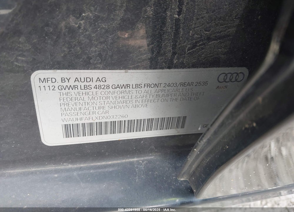 2013 AUDI A4 VIN: WAUHFAFLXDN032260