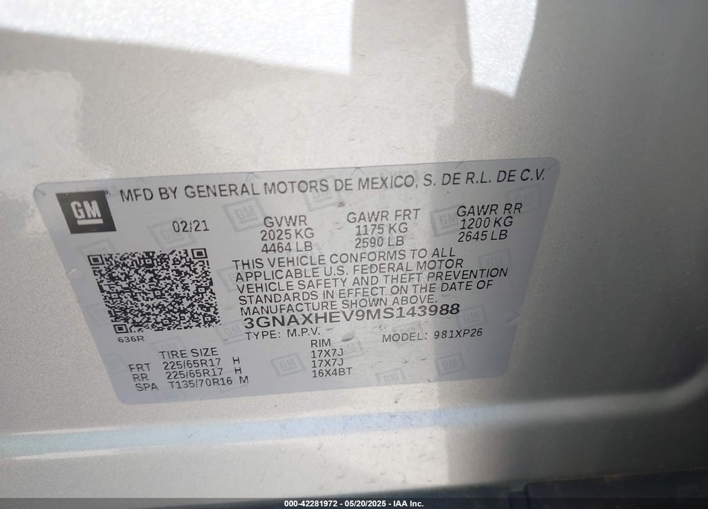 2021 CHEVROLET EQUINOX VIN: 3GNAXHEV9MS143988