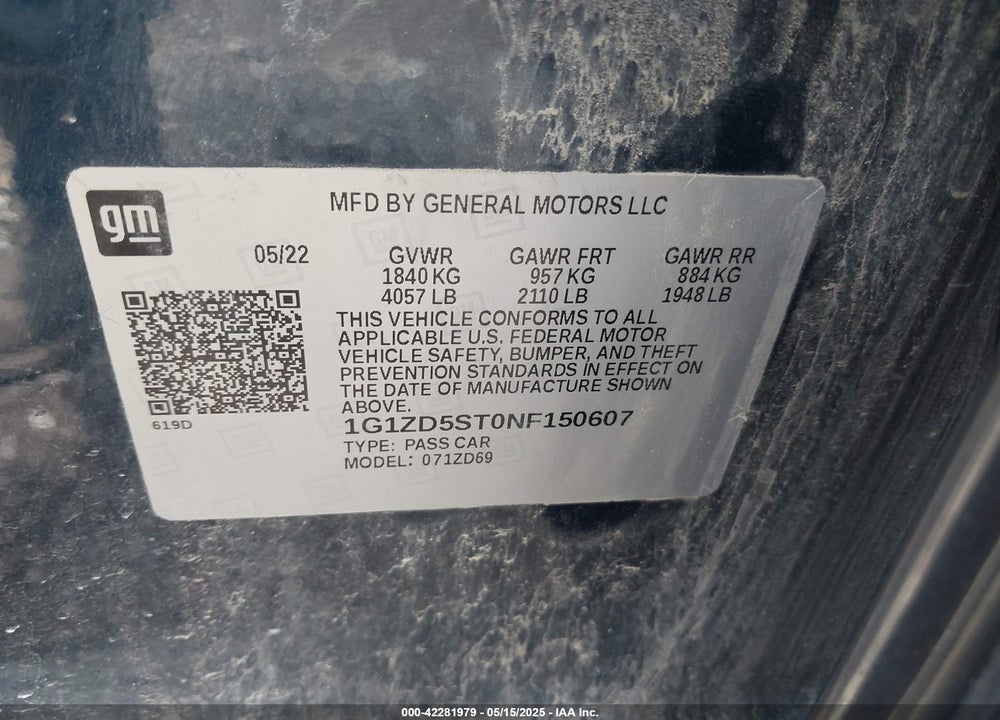 2022 CHEVROLET MALIBU FWD LT VIN: 1G1ZD5ST0NF150607