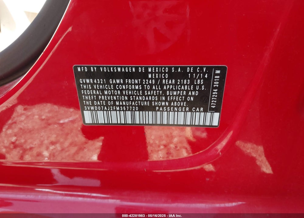 2015 VOLKSWAGEN JETTA VIN: 3VWD07AJ2FM357720