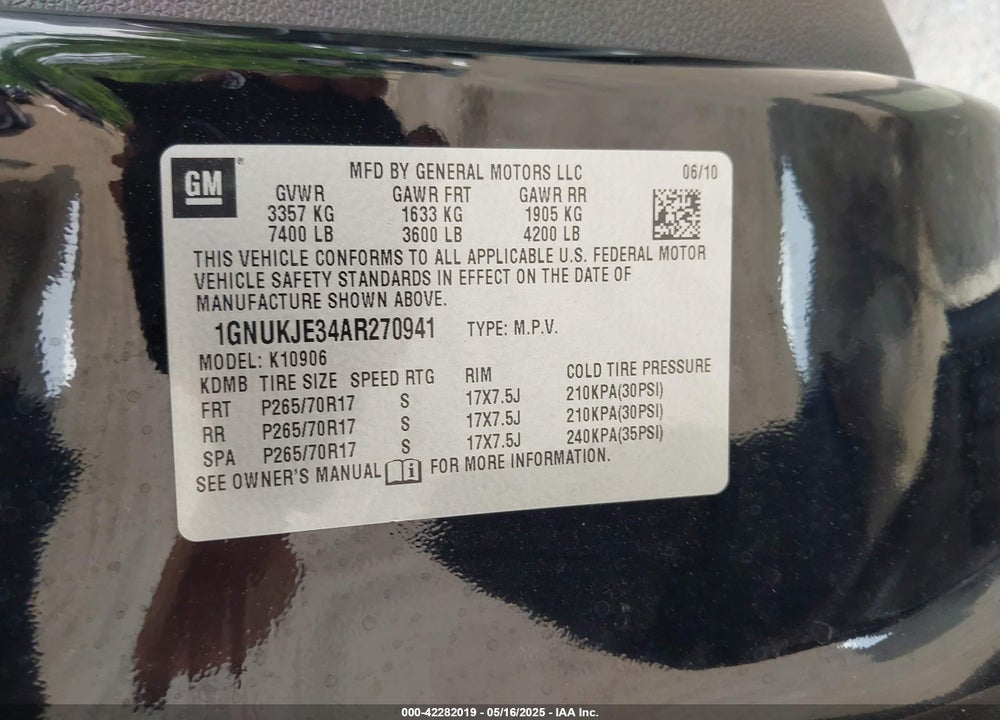 2010 CHEVROLET SUBURBAN 1500 LT1 VIN: 1GNUKJE34AR270941