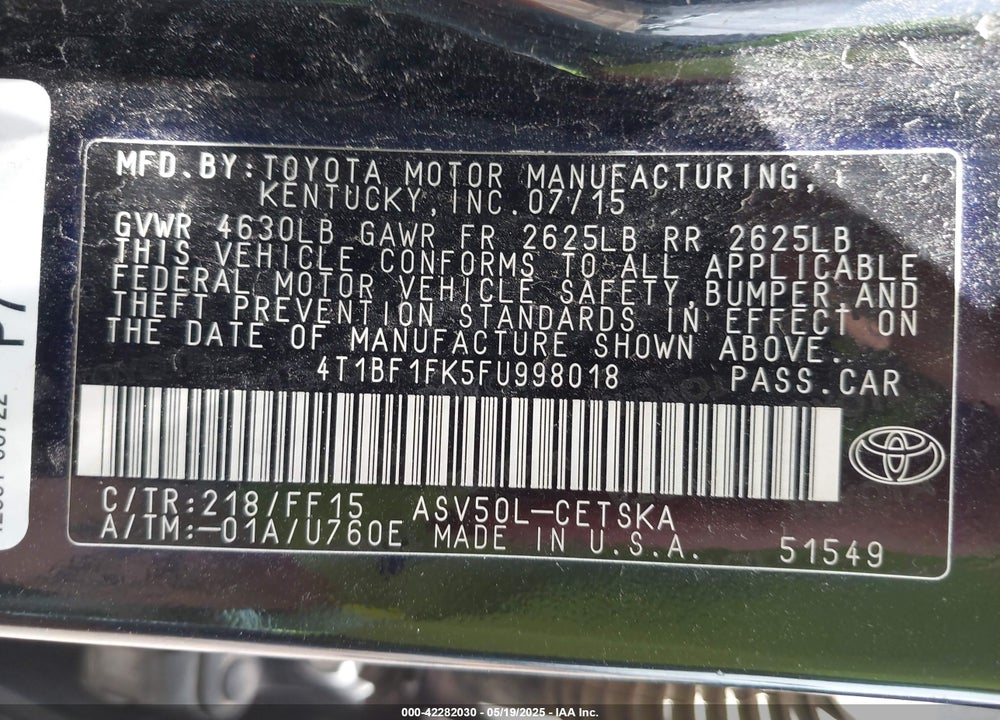 2015 TOYOTA CAMRY SE VIN: 4T1BF1FK5FU998018