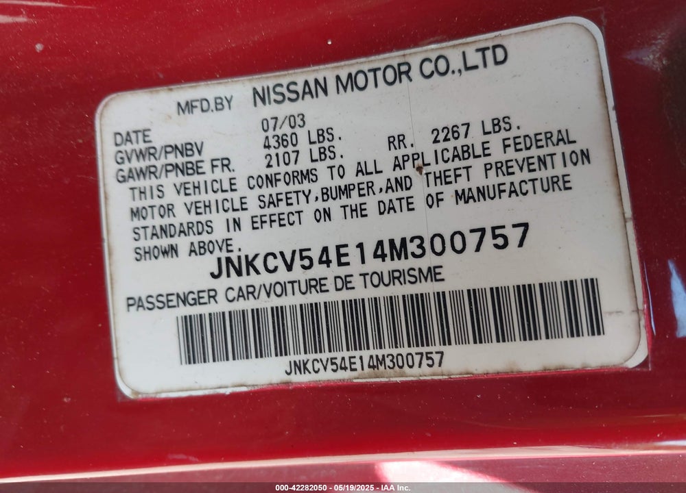 2004 INFINITI G35 VIN: JNKCV54E14M300757