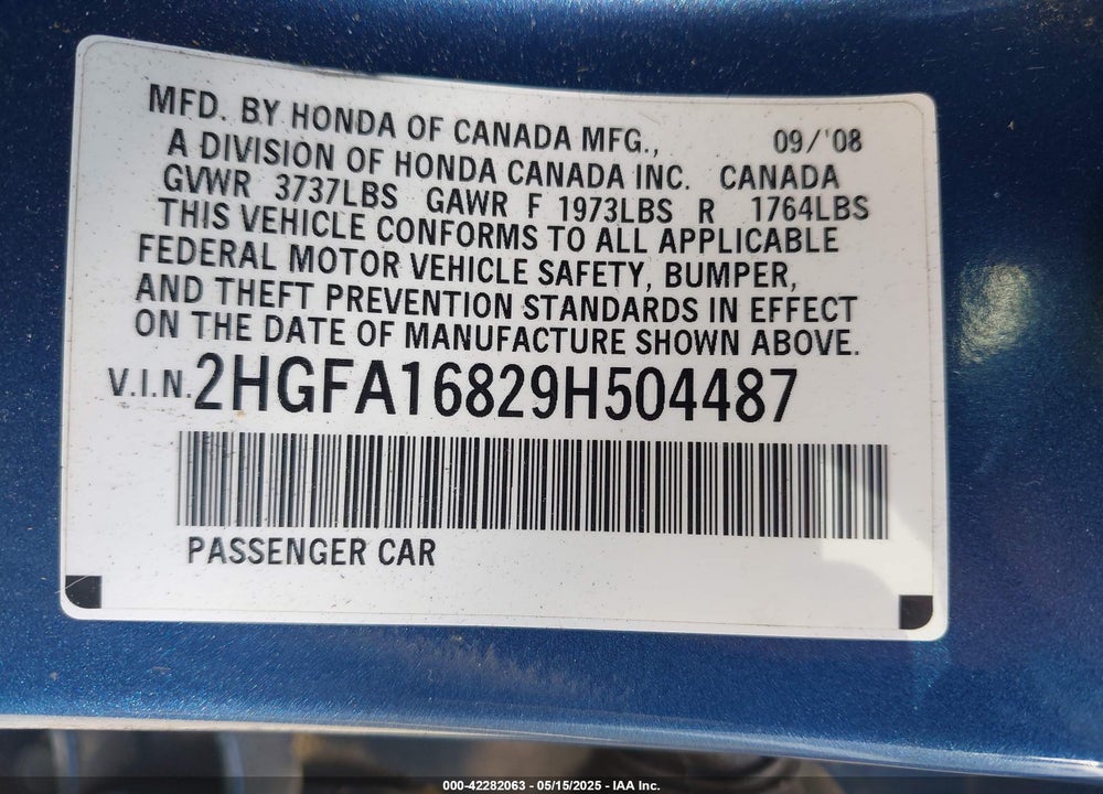 2009 HONDA CIVIC VIN: 2HGFA16829H504487