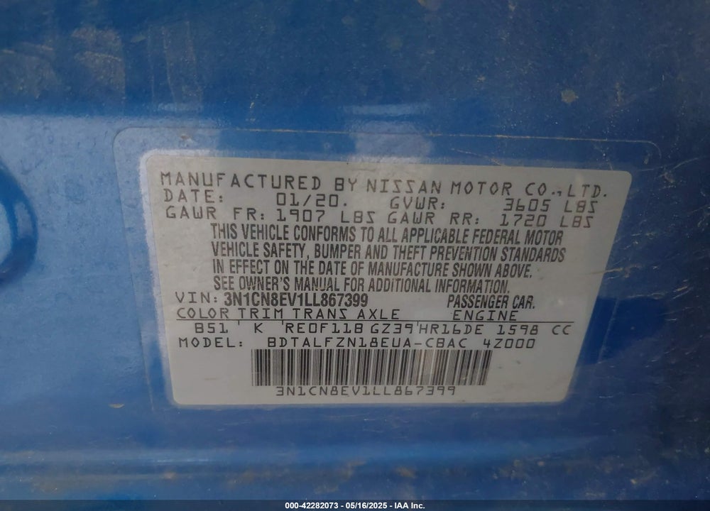 2020 NISSAN VERSA SV XTRONIC CVT VIN: 3N1CN8EV1LL867399