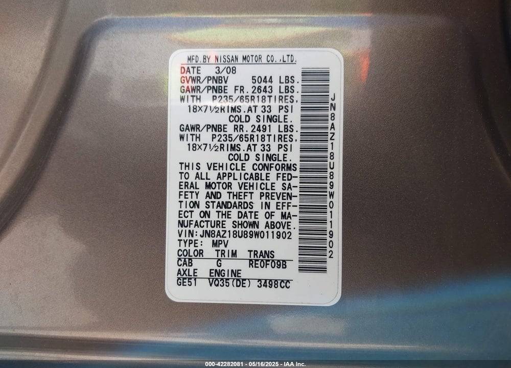 2009 NISSAN MURANO S VIN: JN8AZ18U89W011902