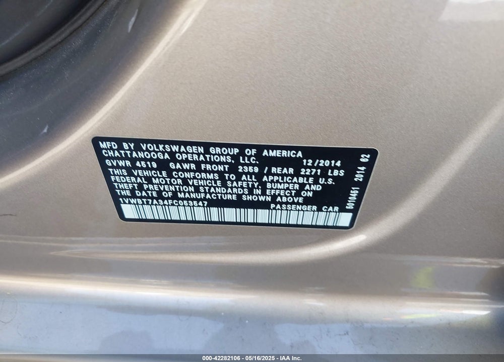 2015 VOLKSWAGEN PASSAT VIN: 1VWBT7A34FC053547