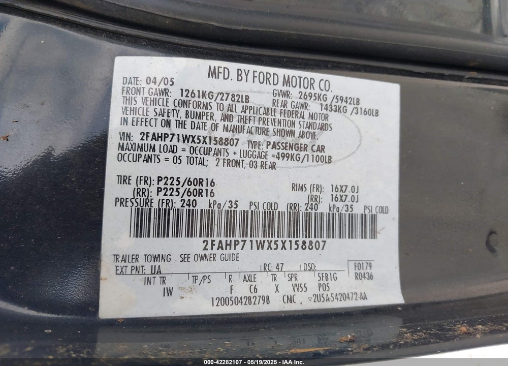 2005 FORD CROWN VICTORIA POLICE VIN: 2FAHP71WX5X158807
