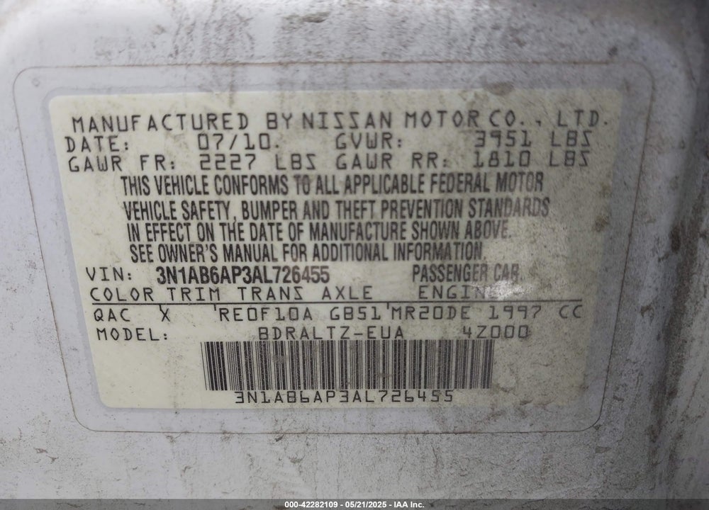 2010 NISSAN SENTRA VIN: 3N1AB6AP3AL726455