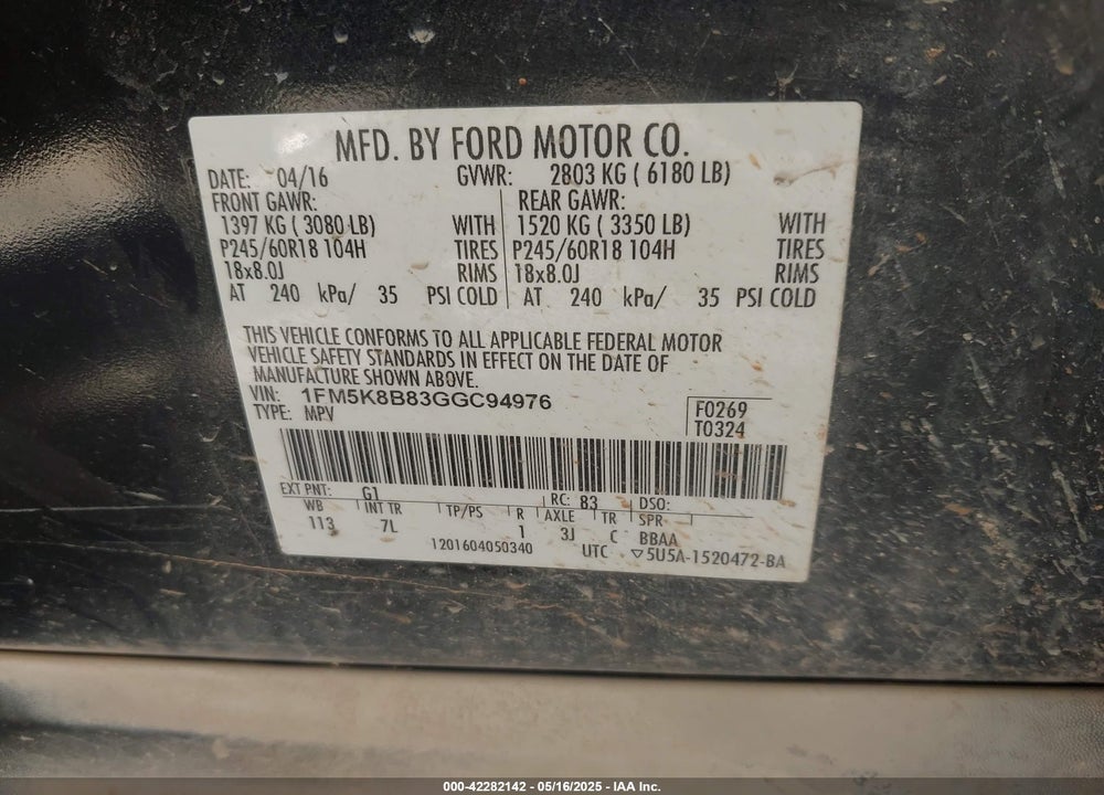 2016 FORD EXPLORER VIN: 1FM5K8B83GGC94976