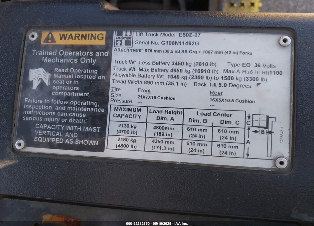 2010 HYSTER E502-27 VIN: G108N11492G