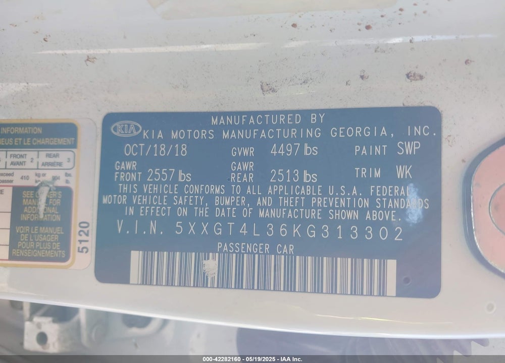 2019 KIA OPTIMA LX VIN: 5XXGT4L36KG313302