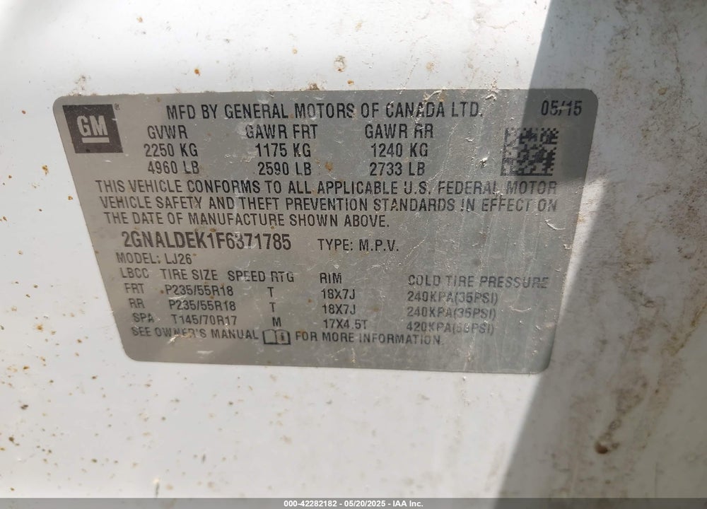 2015 CHEVROLET EQUINOX VIN: 2GNALDEK1F6371785