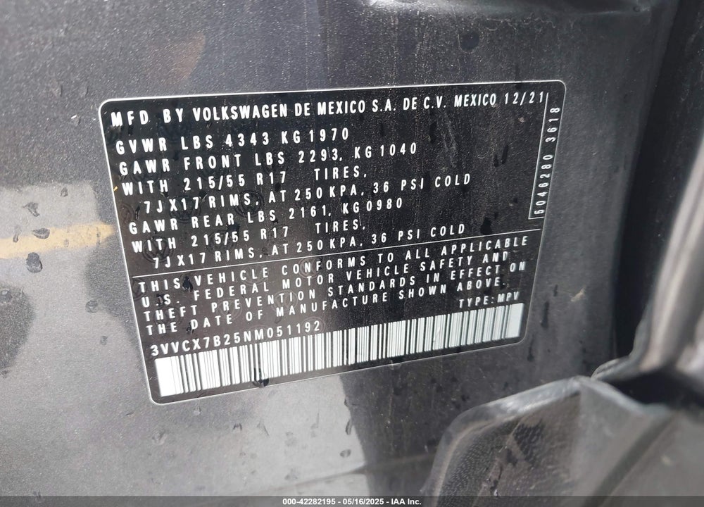 2022 VOLKSWAGEN TAOS VIN: 3VVCX7B25NM051192