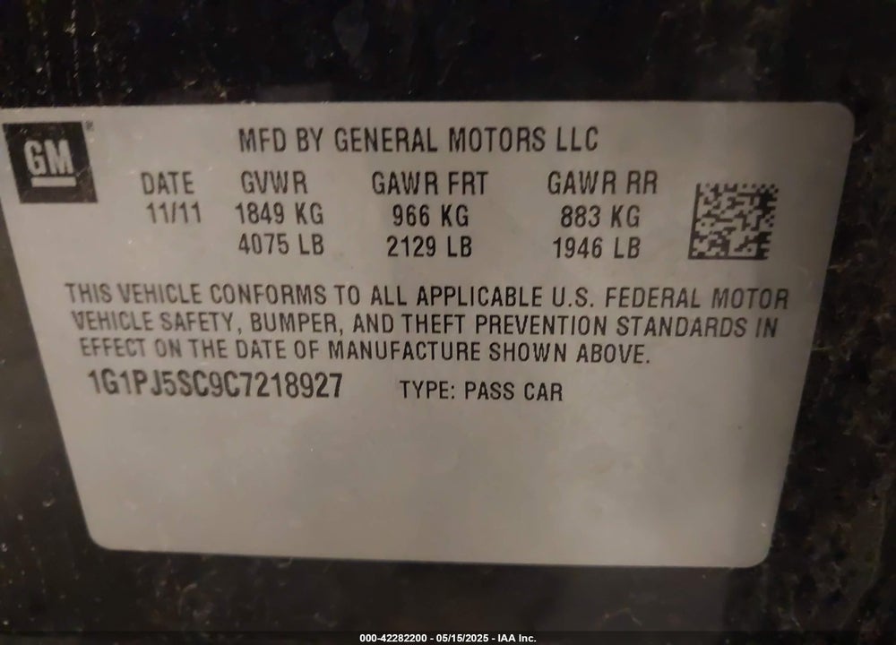 2012 CHEVROLET CRUZE VIN: 1G1PJ5SC9C7218927