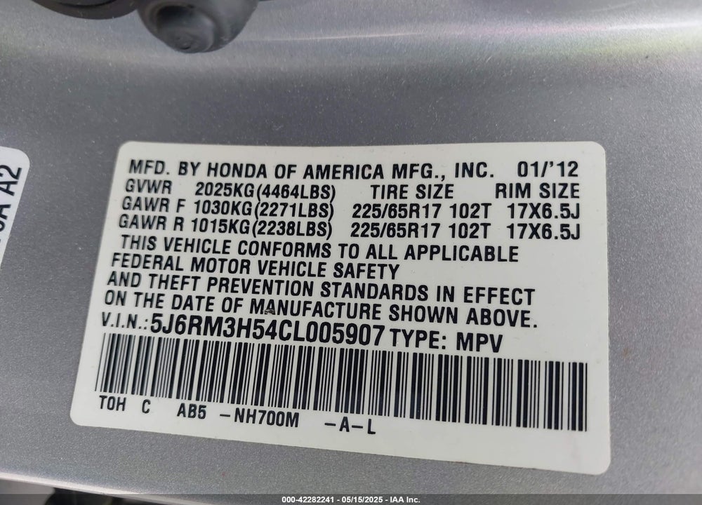 2012 HONDA CR-V VIN: 5J6RM3H54CL005907