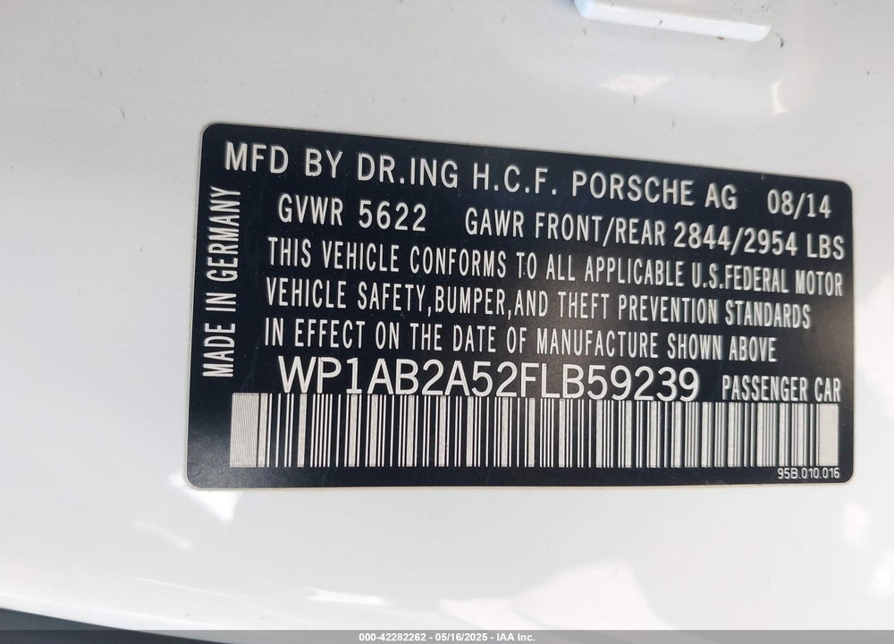 2015 PORSCHE MACAN VIN: WP1AB2A52FLB59239