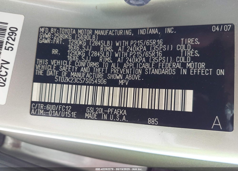 2007 TOYOTA SIENNA VIN: 5TDZK23C57S054906