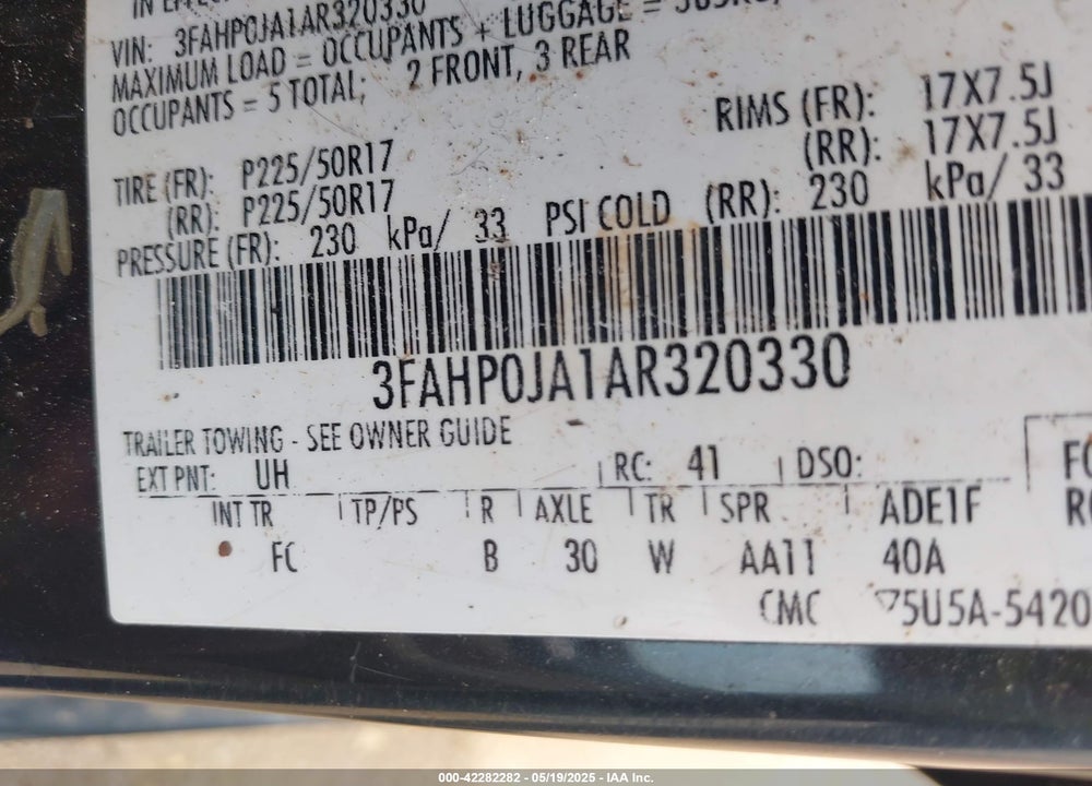 2010 FORD FUSION SEL VIN: 3FAHP0JA1AR320330