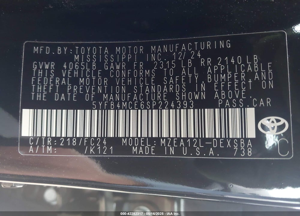 2025 TOYOTA COROLLA FX VIN: 5YFB4MCE6SP224393