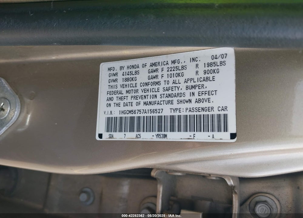 2007 HONDA ACCORD VIN: 1HGCM56757A156527