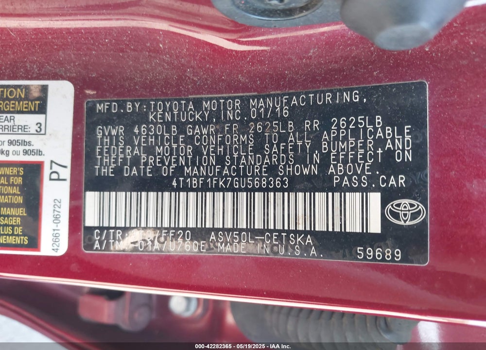 2016 TOYOTA CAMRY VIN: 4T1BF1FK7GU568363