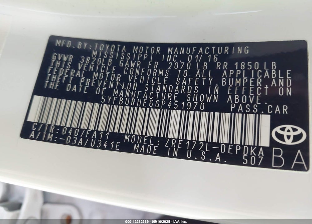 2016 TOYOTA COROLLA L VIN: 5YFBURHE6GP451970
