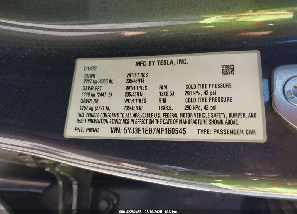 2022 TESLA MODEL 3 LONG RANGE DUAL MOTOR ALL-WHEEL DRIVE VIN: 5YJ3E1EB7NF160545