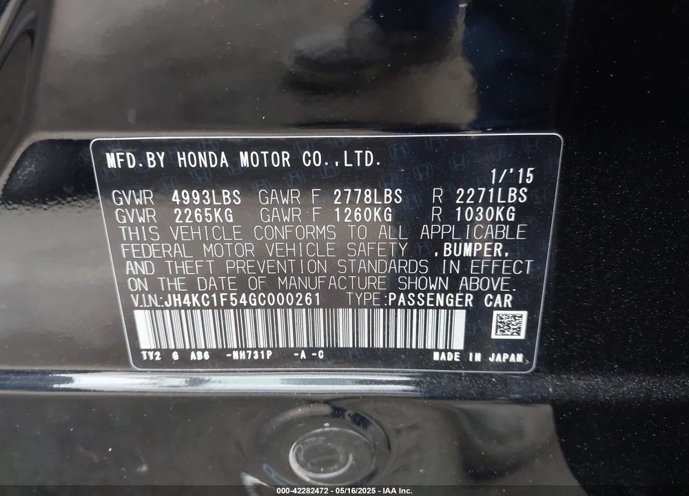 2016 ACURA RLX VIN: JH4KC1F54GC000261