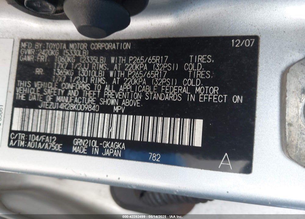 2008 TOYOTA 4RUNNER SPORT V6/SR5 V6 VIN: JTEZU14R28K009840