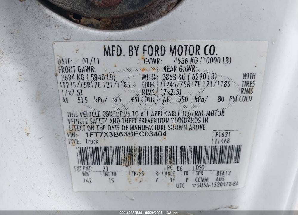 2011 FORD F 350 VIN: 1FT7X3B63BEC03404