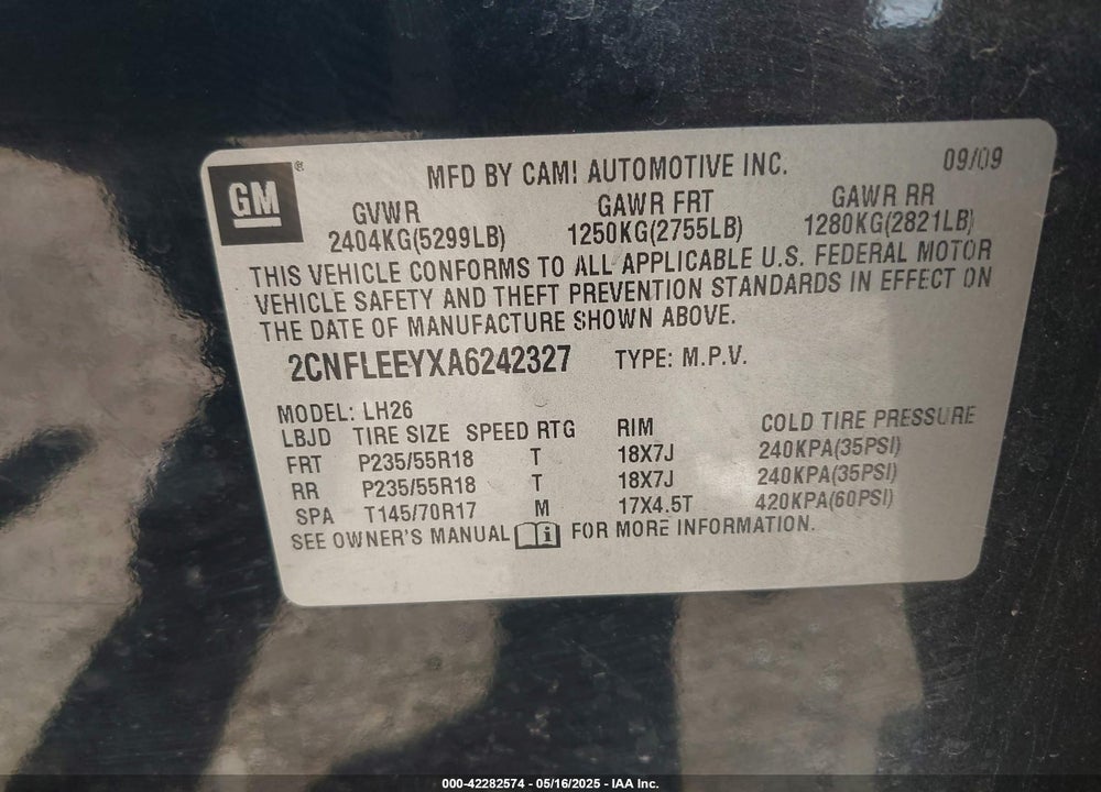 2010 CHEVROLET EQUINOX VIN: 2CNFLEEYXA6242327