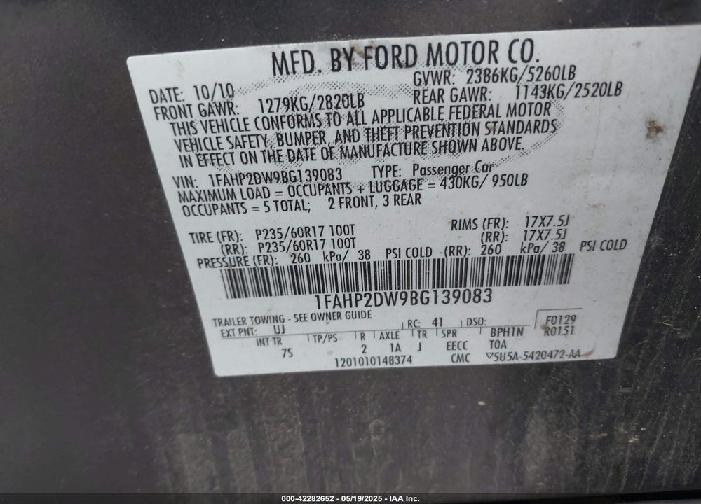 2011 FORD TAURUS SE VIN: 1FAHP2DW9BG139083