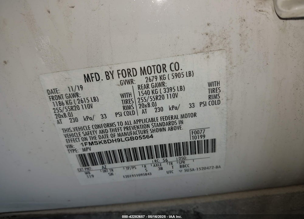 2020 FORD EXPLORER VIN: 1FMSK8DH9LGB05564