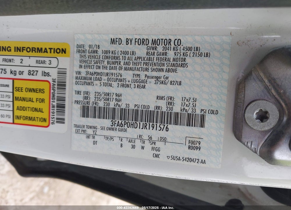2018 FORD FUSION SE VIN: 3FA6P0HD1JR191576