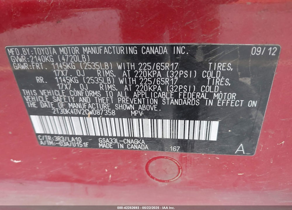 2012 TOYOTA RAV4 VIN: 2T3DK4DV2CW087358