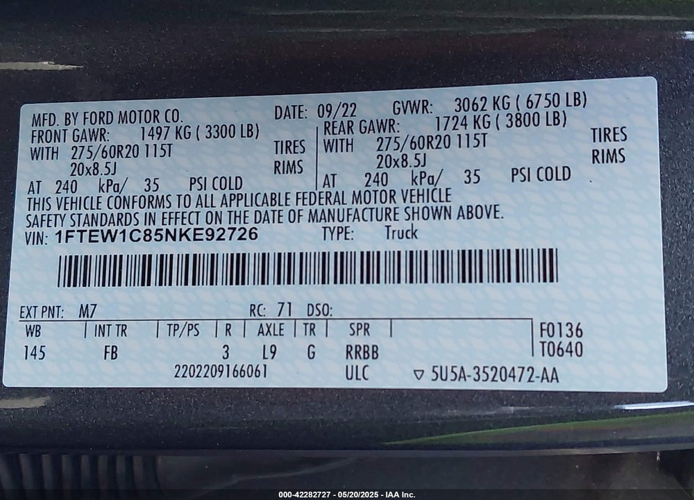 2022 FORD F150 VIN: 1FTEW1C85NKE92726