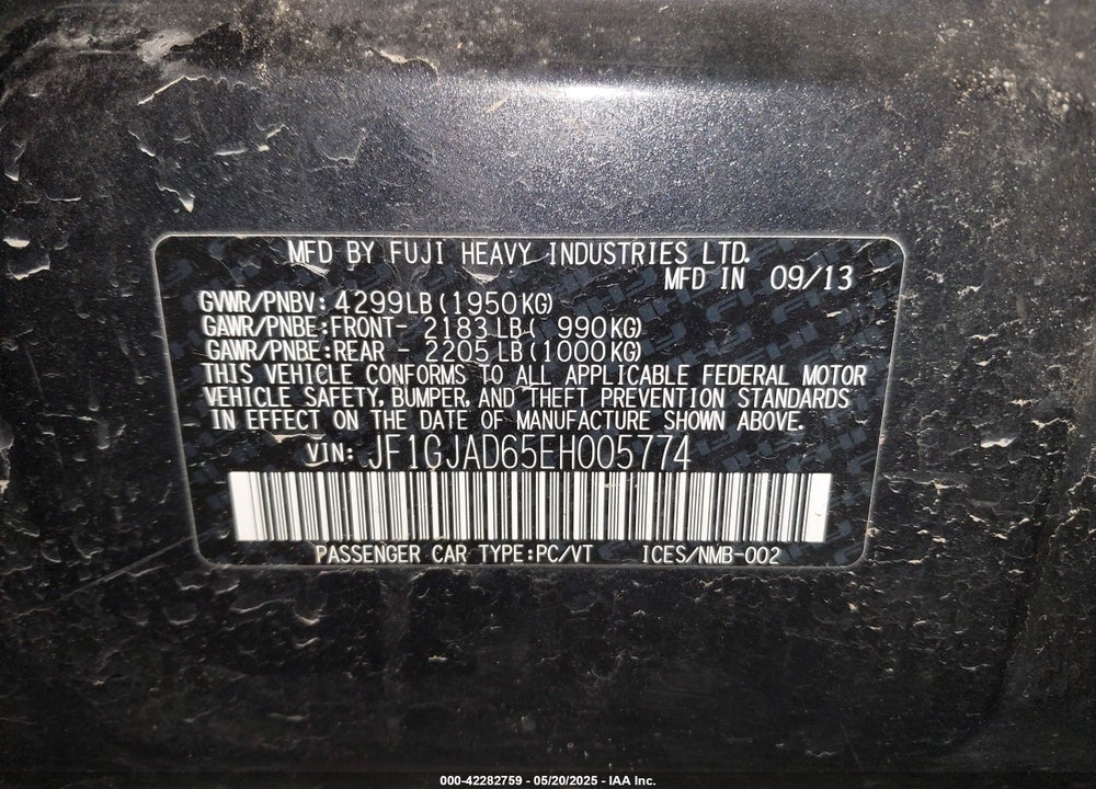 2014 SUBARU IMPREZA VIN: JF1GJAD65EH005774